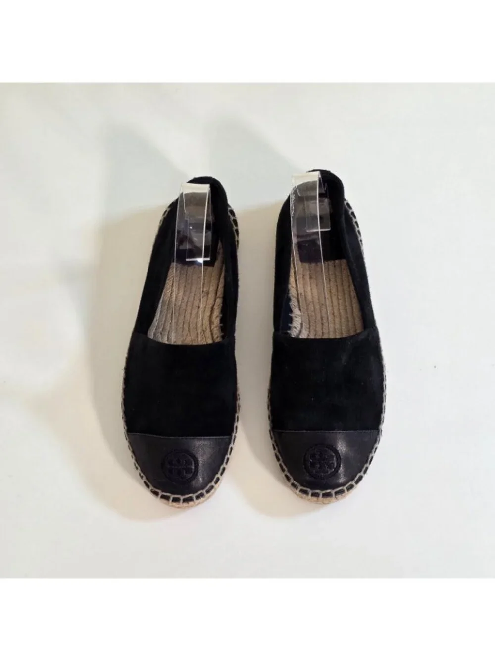 Tory Burch Espadrille Flats Shoes Women 8M Black Suede Leather Cap Toe Double T